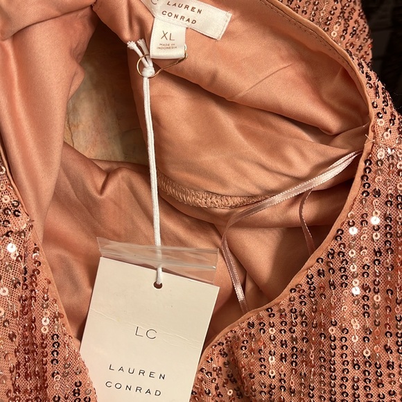 Lost in the 🔥 
NWT LC Lauren Conrad Shimmering Peach Sequined Minidress - Picture 6 of 7
